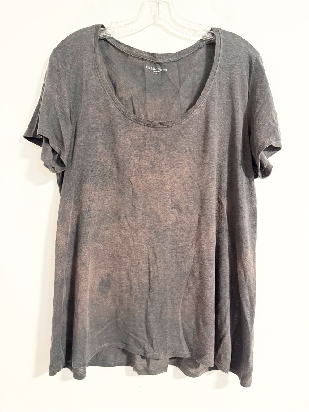 Eileen Fisher Organic Linen Short Sleeve Scoop Neck Top Grey Acid Wash Medium